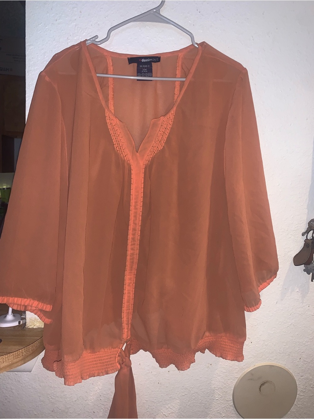 Denim&Co Orange Sheer Tie-Front Boho Top
